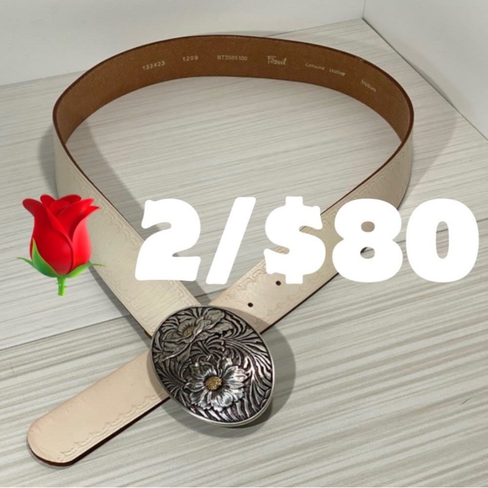 🌹 Fossil Vintage 2 Tone Flrl Plaque White Belt - Picture 1 of 13